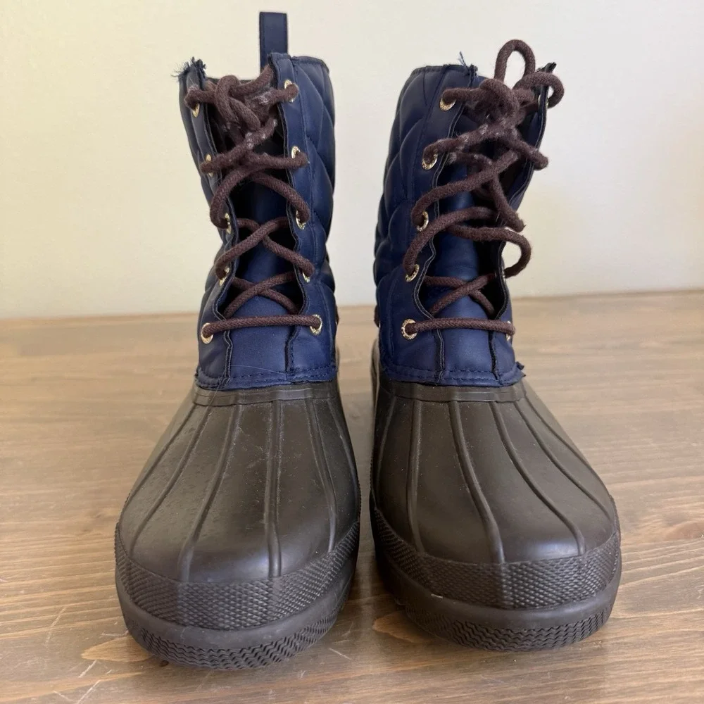 Sperry Womens 8 Brown Blue Quilted‎ Lace Up Waterproof Rubber Rain Winter Boots